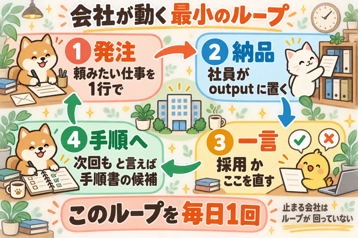 発注・納品・採用かここを直す・次回もで手順書へ、の4つが円環でつながる会社が動く最小のループの図解