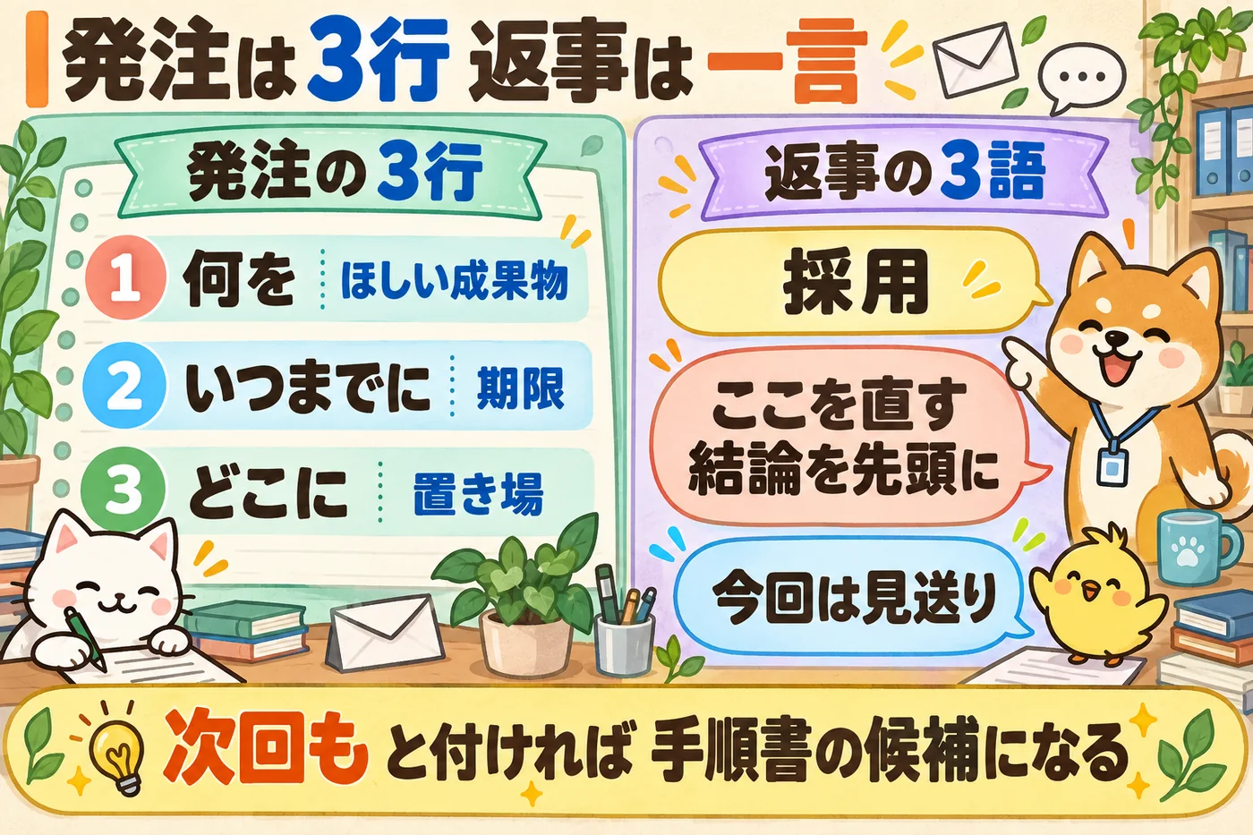 左に3行の発注カード、右に採用・ここを直す・今回は見送りの3つの返事を並べた図解