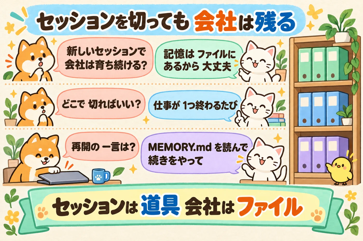 チャットを閉じても棚のファイルが残っていることを質問と答えの往復で示した図解