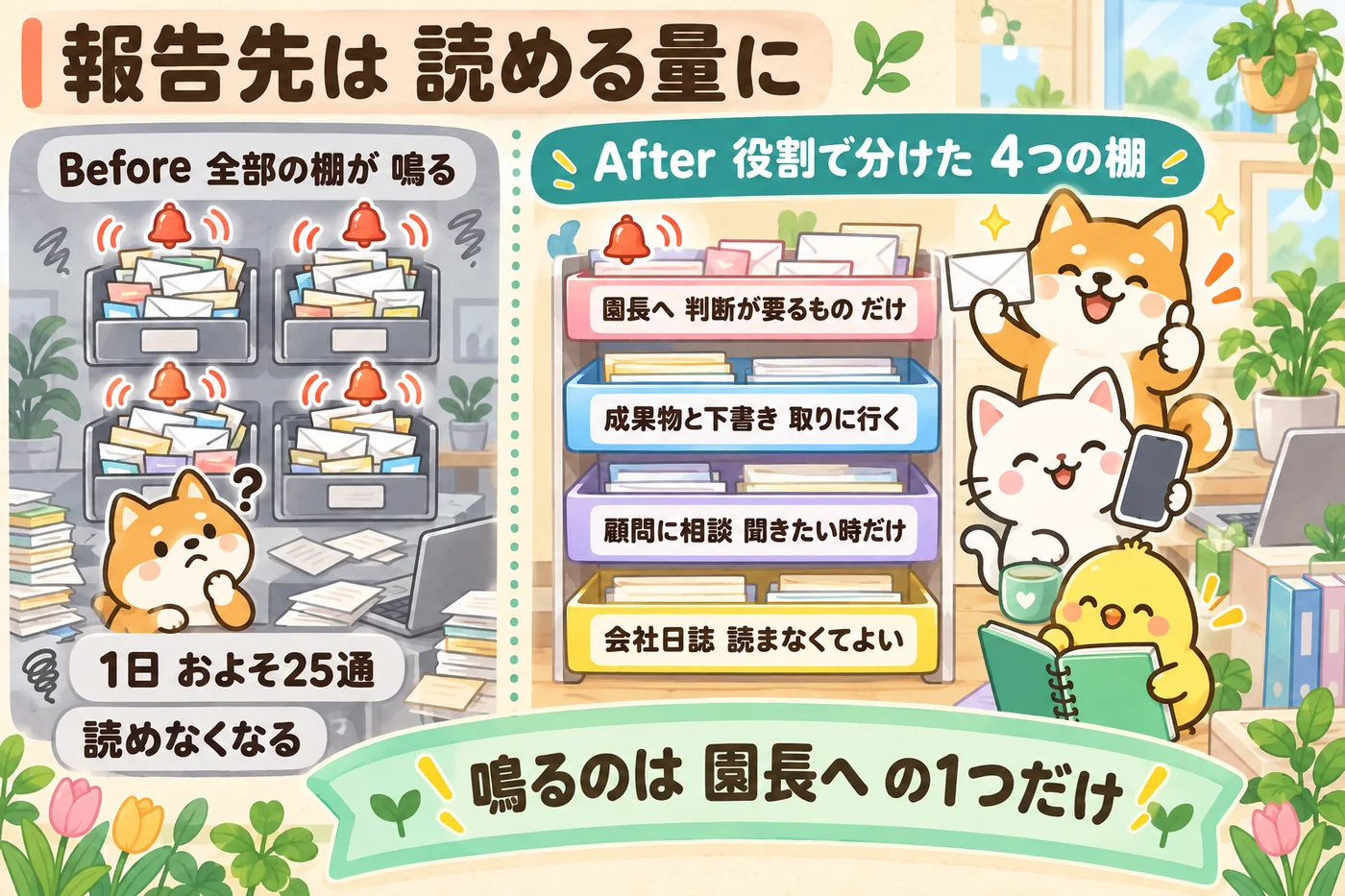 全部の棚が鳴って1日およそ25通で読めなくなるBeforeと、4つの棚を役割で名前付けし鳴るのは園長への棚だけにしたAfterを並べた図解