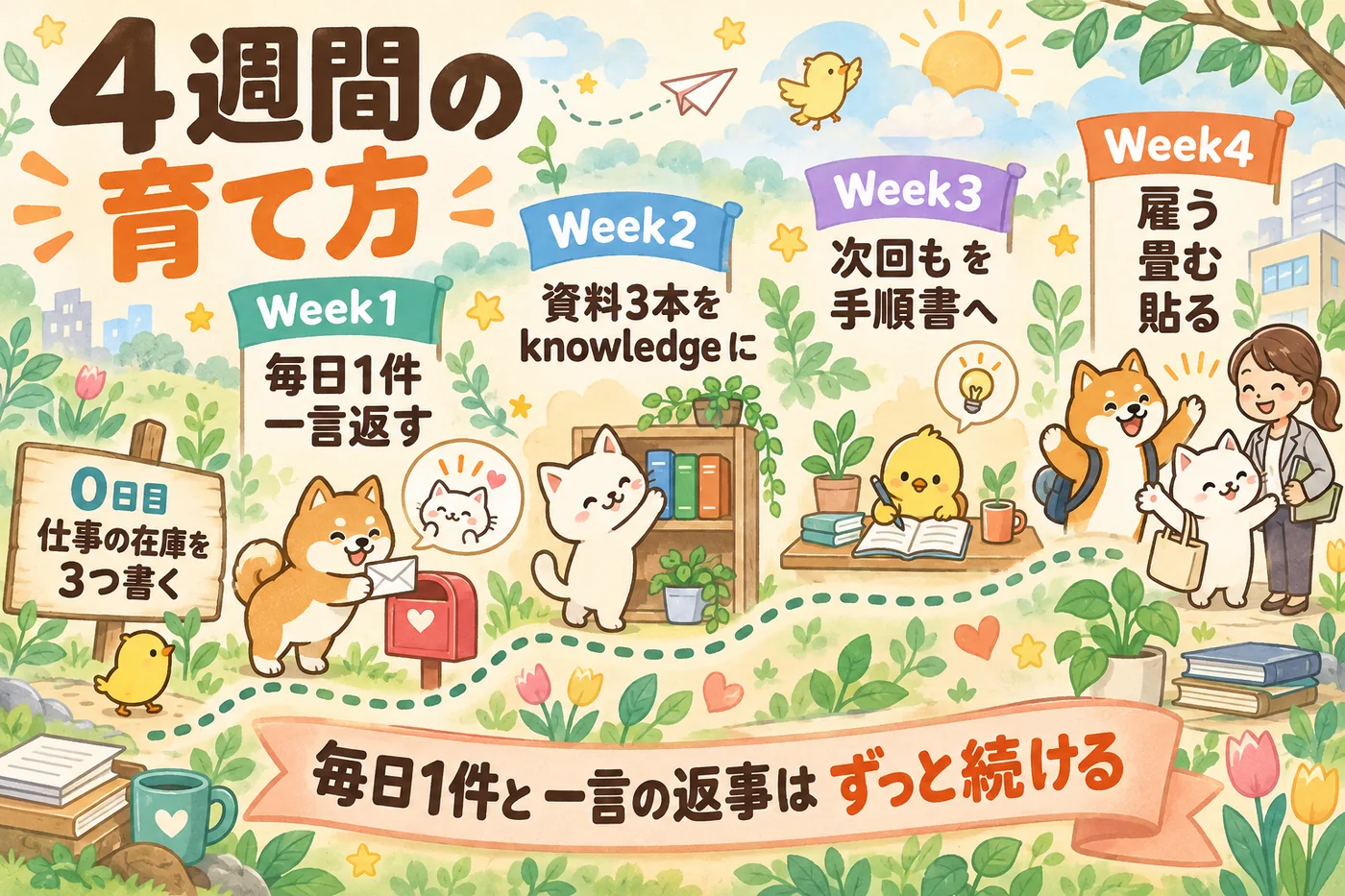 0日目から4週目までの育て方の目安を並べた4週間の図解。3週目は次回もと付けた指摘を手順書へ