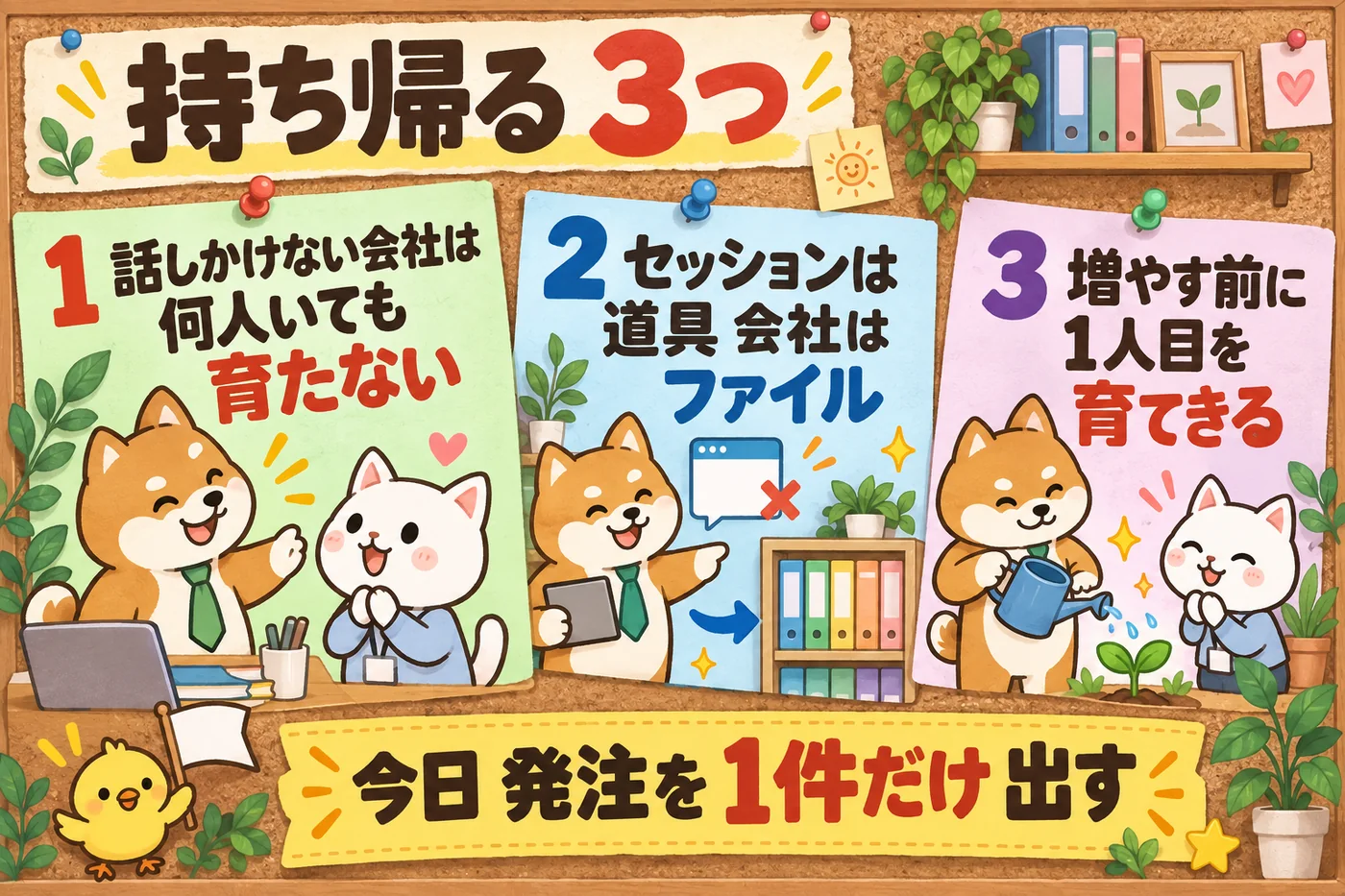 今夜持ち帰る3つの結論を3枚のカードで示した図解