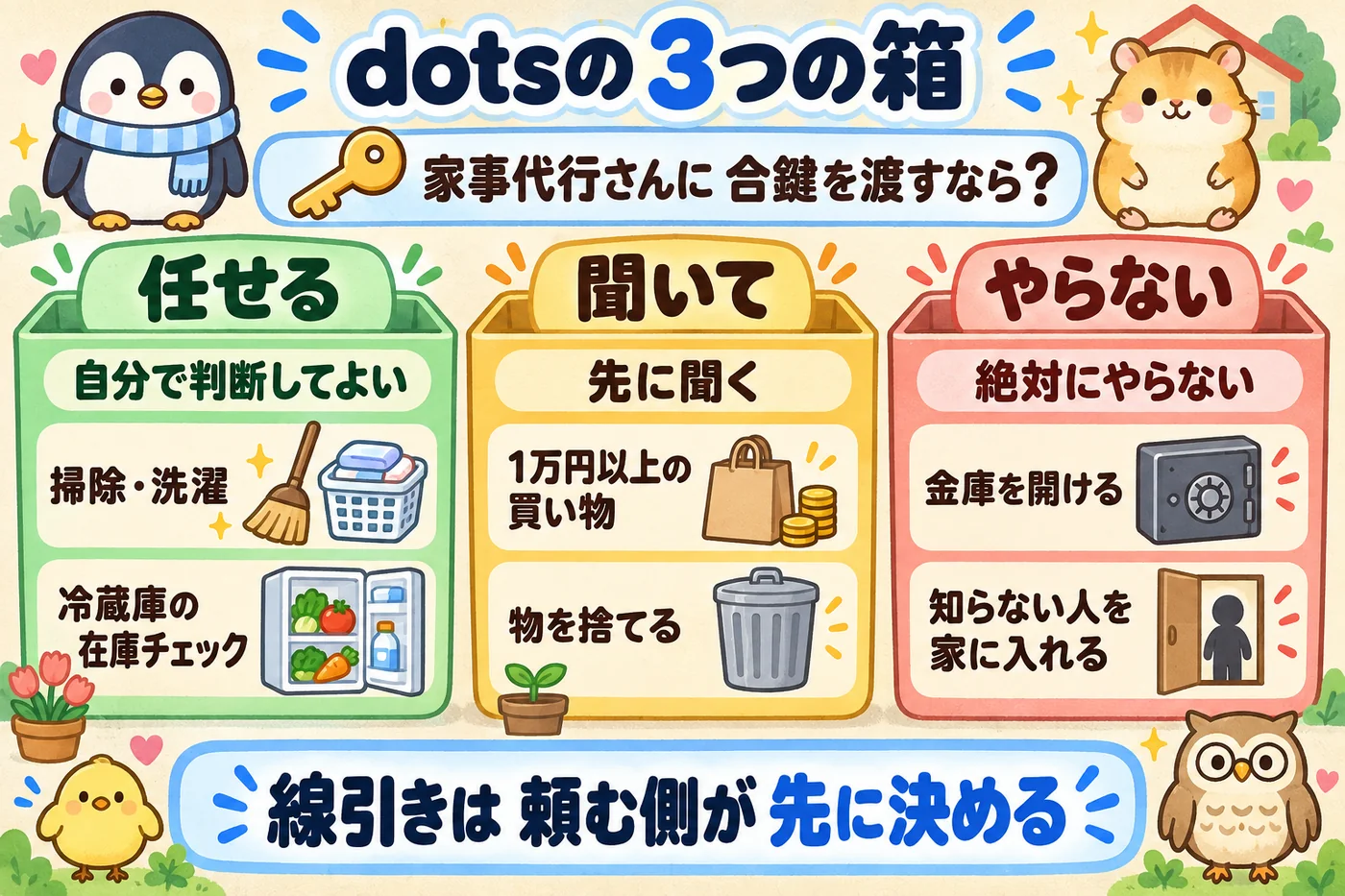 dots の3つの箱。家事代行さんに合鍵を渡すなら、任せる（掃除・洗濯）、聞いて（1万円以上の買い物・物を捨てる）、やらない（金庫を開ける・知らない人を家に入れる）を先に決める