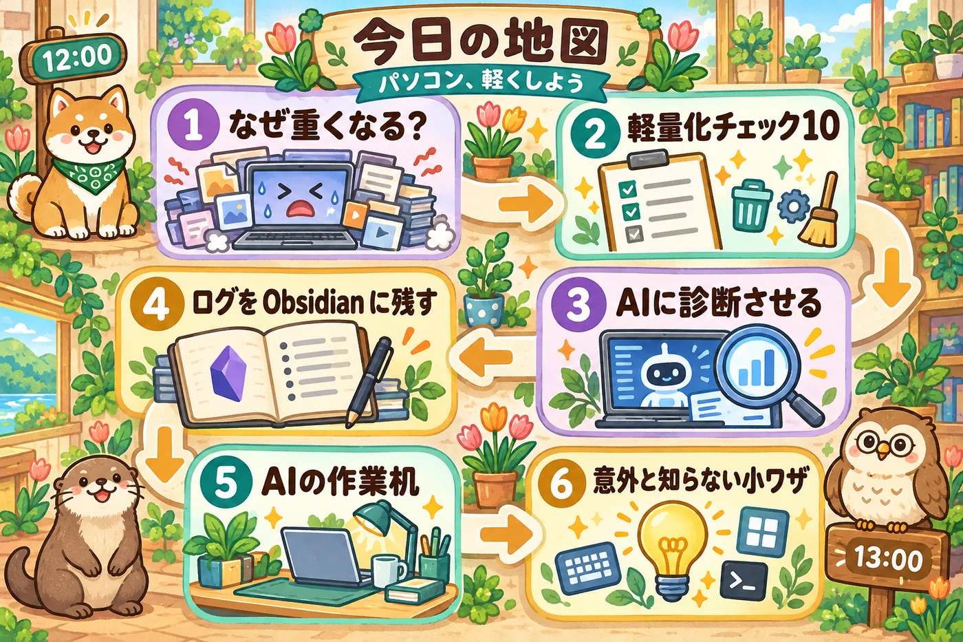 今日の地図：1 なぜ重くなる？ 2 軽量化チェック10 3 AIに診断させる 4 ログを Obsidian に残す 5 AIの作業机 6 意外と知らない小ワザ