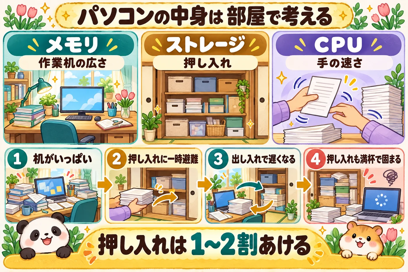 パソコンの中身は部屋で考える:メモリ=作業机、ストレージ=押し入れ、CPU=手の速さ。机がいっぱい→押し入れに一時避難→出し入れで遅くなる→押し入れも満杯で固まる