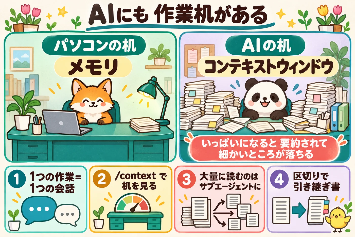 AIにも作業机がある:パソコンの机=メモリ、AIの机=コンテキストウィンドウ