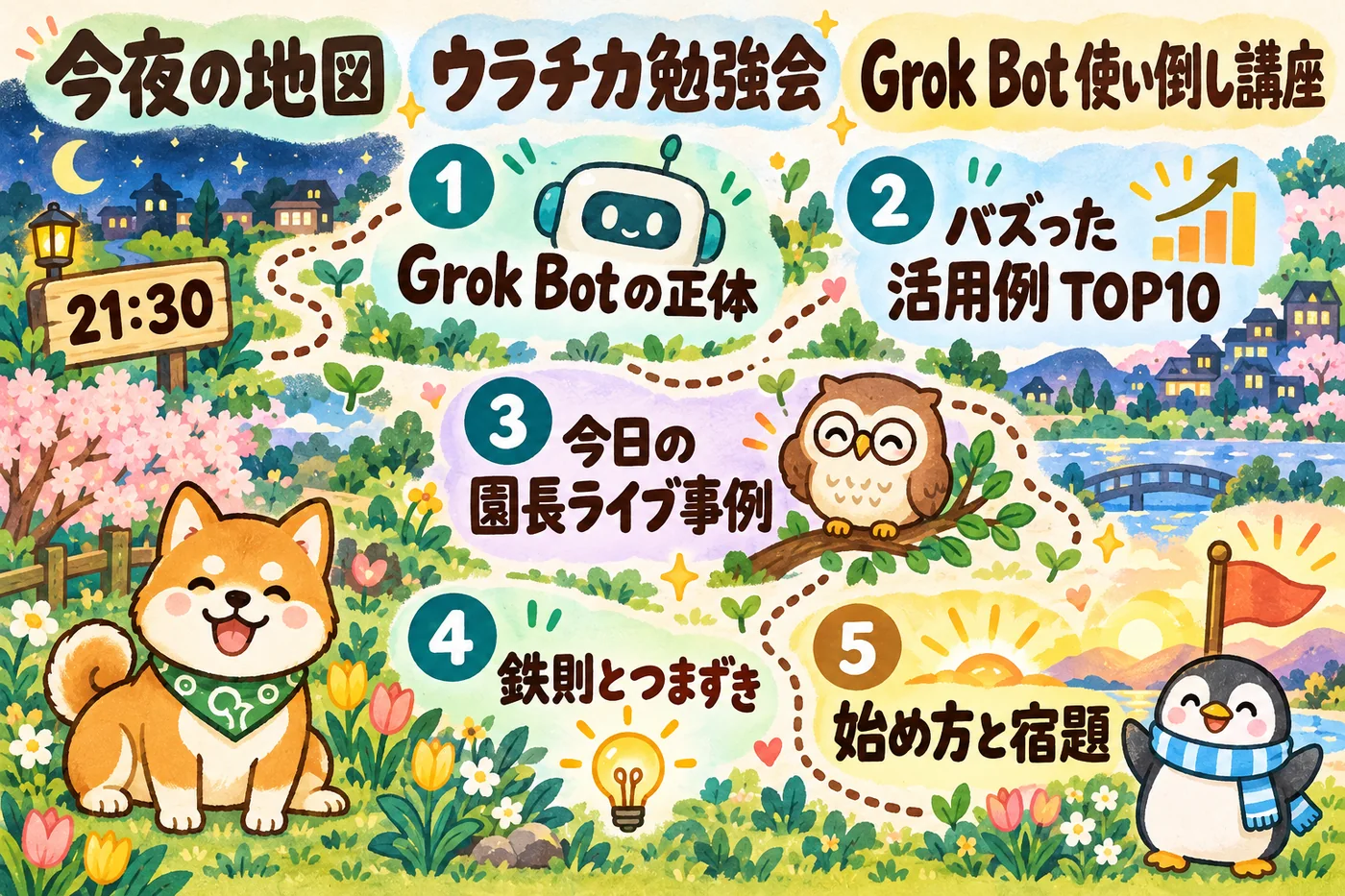 今夜の地図：1 Grok Botの正体 → 2 バズった活用例TOP10 → 3 今日の園長ライブ事例 → 4 鉄則とつまずき → 5 始め方と宿題