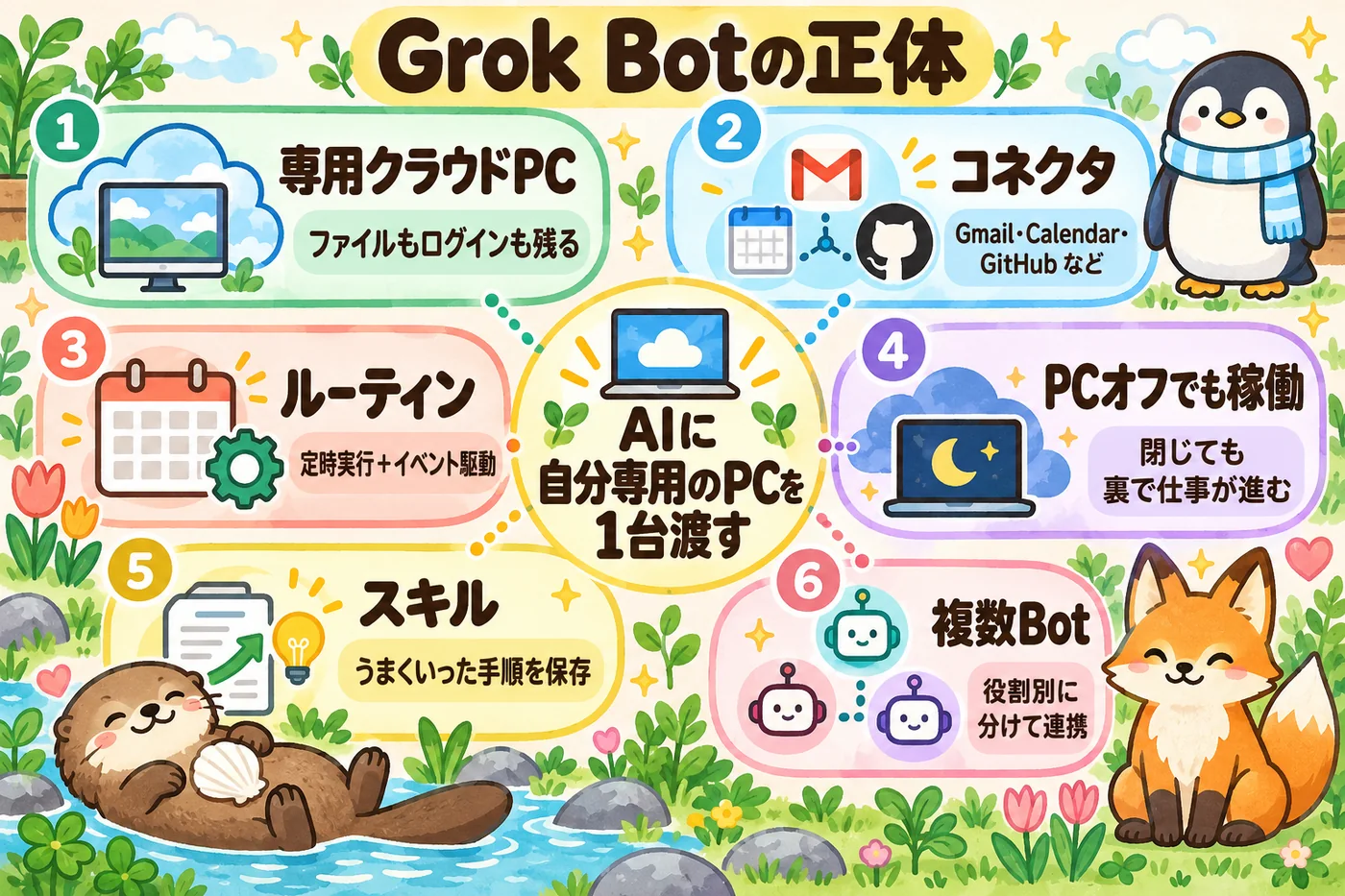 Grok Botの正体：AIに自分専用のPCを1台渡す。専用クラウドPC・コネクタ・ルーティン・PCオフでも稼働・スキル・複数Bot