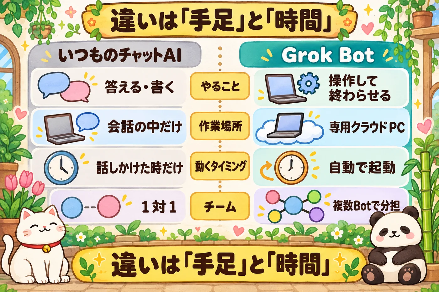 違いは手足と時間：やること（答える・書く／操作して終わらせる）、作業場所（会話の中だけ／専用クラウドPC）、動くタイミング（話しかけた時だけ／自動で起動）、チーム（1対1／複数Botで分担）